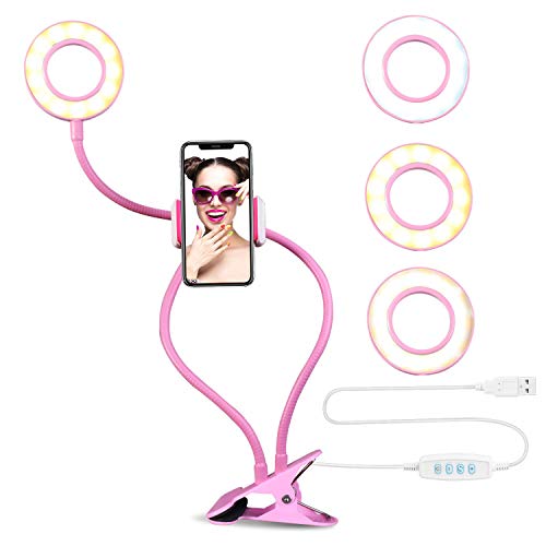 UBeesize Selfie Ring Light with Cell Phone Holder Stand for Live Stream/Makeup, LED Camera Beauty Light [3-Light Mode] [10-Level Brightness] with Flexible Long Arms, Compatible iPhone Android Phone