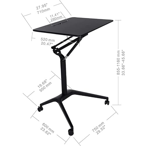 Apexdesk Mobile Pneumatic Laptop Rolling Desk 28” Wide Desktop 33.5” To 45.5” Height Adjustable Sit-To-Stand Ergonomic Design With Tablet Slot & Lockable Wheels For Office & Classroom (28” Top, Black) #TOP2