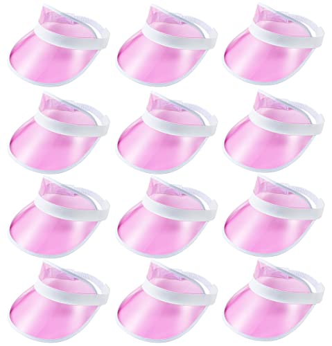 12 Pack Visors For Women Sun Hats Clear Vintage 80S 90S Cute Candy Colored Bingo Bachelorette Bride Outdoor Beach Sports Golf Sunhat Party Cap (Clear Pink-12Pcs) #TOP9