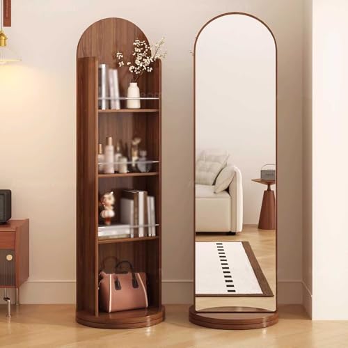 Espejo de madera maciza de longitud completa con revistero y estante giratorio de piso a techo, espejo de tocador para decoración del hogar, elegante accesorio de vestidor