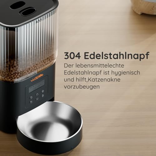 WOPET Futterautomat Katze 4L- Katzenfutter Automat 180 Tage Akkulaufzeit (1-6 Mahlzeiten/Tag, Trockenfutter) Futterspender für Katzen/Hunde, Edelstahlschüssel, Doppelnetzteil Schwarz
