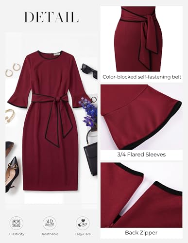 GRACE KARIN Work Dresses for Women 3/4 Sleeve Bodycon Pencil Business Outfits Color Block Office Church Clothes Wine L — view 3