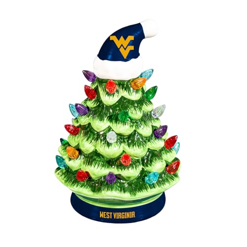 NCAA West Virginia University Ceramic Christmas Trees That Light Up | 8" LED Vintage Christmas Tree | Officially Licensed Team Logo | Christmas Tabletop Decorations for Home