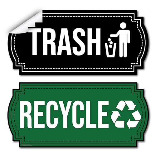 Recycle and Trash Stickers for Trash Cans - Vinyl Recycling Bin Labels - 2 Pack - 6.5" by 3" Green & Black Decals Logo Set - Waste Signs for Home Kitchen or Office Bins Indoor/Outdoor Use