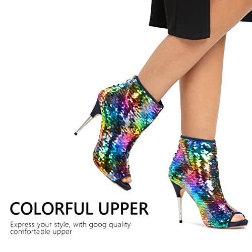 CAMSSOO Women's Colorful Sequin Stiletto Boots Peep Toe Rear Zipper Sexy Dress Wedding Glitter High Heels Sandals Ankle Boots4