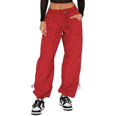 DISCIPBUSH Cargo Pants Women, Parachute Pants for Women, Rave Pants Y2K Pants, Festival Outfits for Women Red S Cover