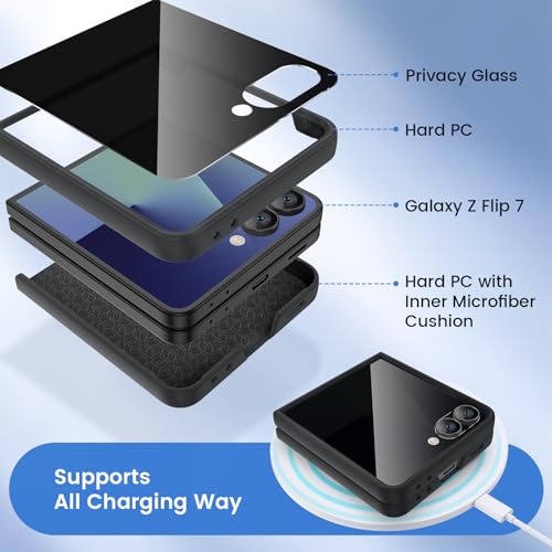 Ruky for Z Flip 7 Case with Privacy Screen Protector, Full Body Cover Anti-Scratches Shockproof Hard PC Ultra-Thin, Support Wireless Charging Protective Phone Cover for Samsung Galaxy Z Flip 7, Black by Ruky - Image 3