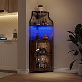 GarveeTech Eckbar Weinschrank Mit LED-Beleuchtung – 5-Stufiger Industrie-Bar-Schrank Mit Glasständer, Moderner Spirituosenschrank Mit Höhenverstellbarem Regal & Maschentür – Home Bar Cabinet, Braun