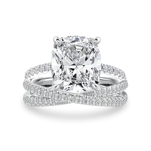 4CT Cushion Cut Engagement Ring Set for Women, S925 Silver CZ Bridal Ring Set with X-Shaped Pavé Band, Wedding & Anniversary Jewelry Gift