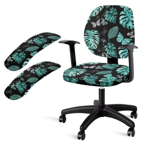 Wanzuoeng Monstera Butterfly Print Office Chair Seat and Back Cover Set with Armrest Covers, Stretch Soft Computer Office Chair Cover, Dustproof Washable Rotating Chair Cover, Easy to Install