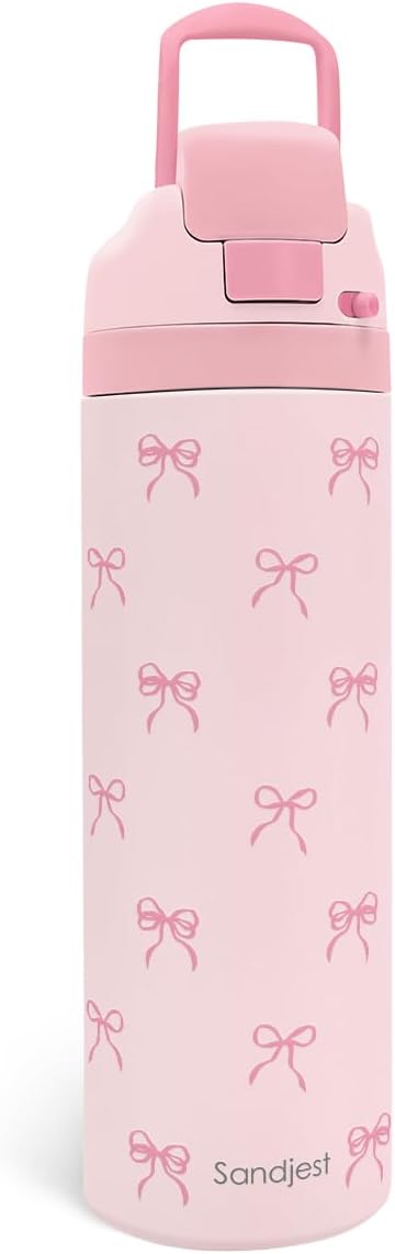 Pink Bow Insulated Stainless Steel Water Bottle with Straw for Sports and Travel 24 Ounces for Women Girls Friends Teens Birthday