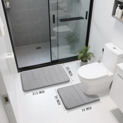 Image of Yimobra Memory Foam Bath Mat Set 2 Piece - Super Soft Absorbent Quick Dry Bathroom Toilet Rugs, Machine Washable Non Slip Floor Carpet for Tub Shower & Single Sink (31.5x20 & 24x20, Gray)