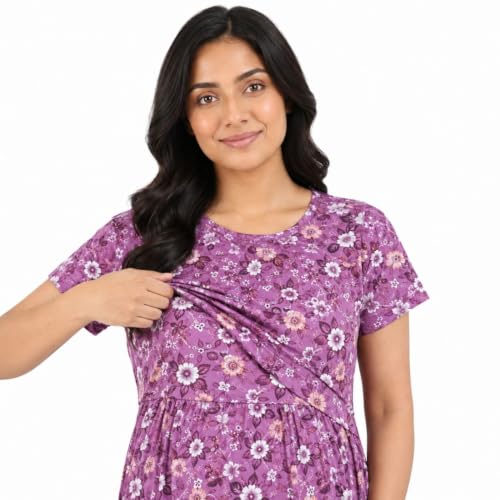 Image of Zero Clothing Feeding Dress for New Moms Casual Loungewear Ankle Length | Cotton Maternity Nighty | Zipless Feeding Dresses for Women | Pregnancy & Nursing Wear