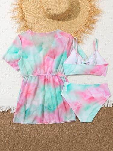 Milumia Girl's 3 Piece Swimwear Tie Dye Spaghetti Strap Bikini Swimsuit with Cover Ups2