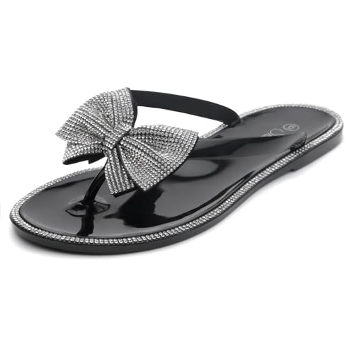 Shoe Land Women's Jelly Flat Sandals, Rhinestone Bow Thong Sandals – Sparkly Flip Flops for Beach & Pool | Comfortable Non-Slip Slides | Cute Bling Strappy Sandals