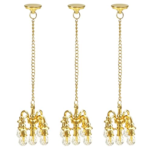 ONEST 3 Pieces Dollhouse Miniature Golden Chandeliers 1:12 Scale Chrystaline Chandelier Pendant 5 Head Hanging Ceiling Light Luxury Decoration Ceiling Lamp Lights for Doll House
