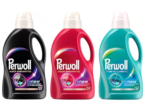 PERWOLL Flüssig-Set 3x 27 Waschladungen (81WL) 1x Black & 1x Color & 1x Sport, Feinwaschmittel-Set erneuert Farben & Hygiene Waschmittel entfernt schlechte Gerüche