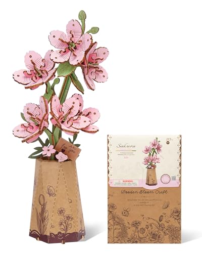 ROBOTIME 3D Puzzle Sakura TW101, DIY Wooden Flower Craft, Artificial Flowers Model Kit to Assemble for Adults, Home Decoration and Valentine's Day Toy Gift Set
