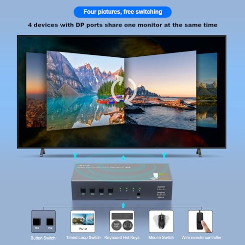 Commutateur KVM DisplayPort 8K switch DP 4 PC moniteur USB avec télécommande filaire - 6