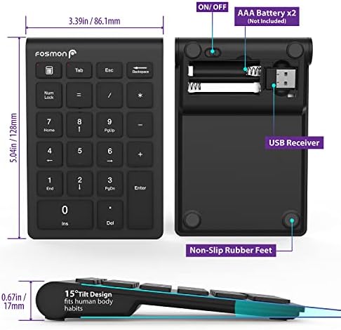 Fosmon 22 Key Numeric Keypad, Wireless USB Adapter 2.4GHz Numpad, Ten Keys Shortcut Function & Hotkey, Up to 33FT Device Distance, Compatible with USB Port Laptop, PC, Desktop, Surface Pro, Notebook