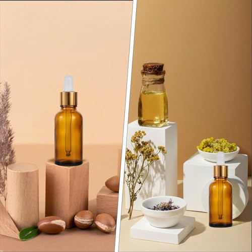Image of Amber Glass Bottles with Dropper(30ml x 12Pcs) - Gold Ring | White Silicon Teat | Ideal for Essential Oils, DIY Oil Blends, Perfumes, Cosmetics, Beauty Products (Pack of 12)