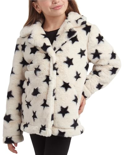 Image of URBAN REPUBLIC Girls Jacket - Warm Long Length Plush Ultra Soft Faux Fur Jacket Teddy Coat for Girls (Sizes 7-16), Size 10-12, Ivory Black Stars