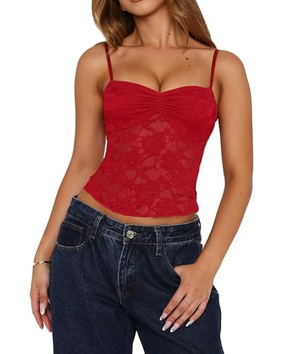 Image of YOUDTIAN Womens Y2k Lace Cami Tops Sleeveless Spaghetti Strap Mesh Floral See Through Crop Camisoles Going Out Tops Streetwear (A-Red, S)