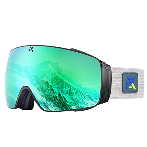 Extremus Cornice Ski Goggles, OTG Snow Sports Goggles, Wide View Snowboard Snow Goggles for Men & Women, Matt Black Frame, Full Revo green Lens