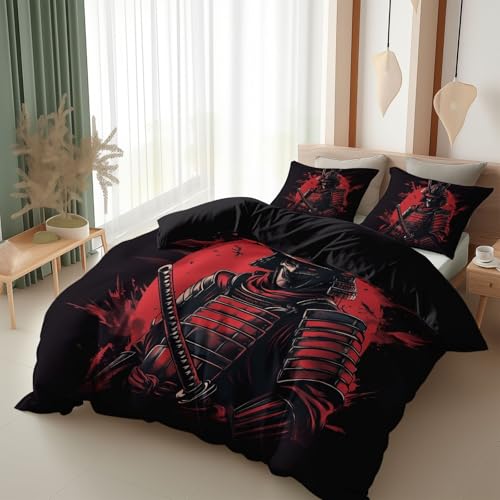 Srigzcaly - Juego de cama (90 x 190 cm, para adulto, niña, estilo japonés, con armadura completa, funda de edredón de microfibra para 1 personas, 3 piezas, con 2 fundas de almohada, color negro