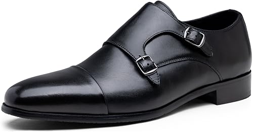 Jousen Mens Dress Loafers Leather Double Monk Strap Oxford Slip On Cap Toe Dress Shoes for Men