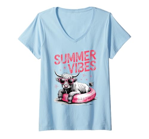 Mujer Divertidas gafas de sol de vaca de las tierras altas, anillo flotante de verano Camiseta Cuello V