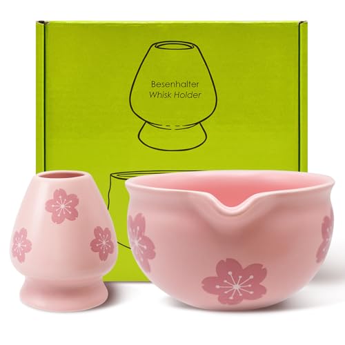 Cyiecw Lot de 2 bols à matcha rose Sakura - En céramique - Avec bec verseur et porte-balai - Pour la préparation de thé Ursi, Koicha et Matcha