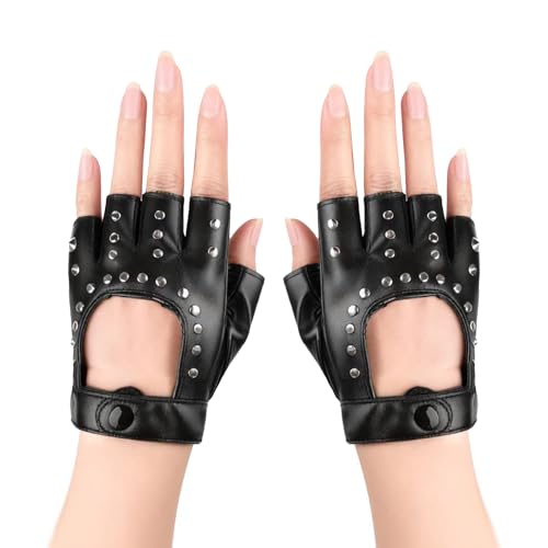 SquishyWorld 1 par de guantes sin dedos, guantes de cuero sin dedos con remaches, manoplas caladas, guantes punk para cosplay, hip hop, Halloween, gótico, accesorio de disfraz, unisex (negro)
