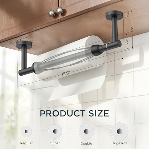 Image of FORIOUS Paper Towel Holder Under Cabinet, SUS304 Wall Mounted Only Commercial Paper Towel Holder, One-Handed Tear Hanging Paper Roll Holder with Ratchet Mechanism for Kitchen Bathroom Matte Black