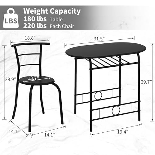 Image of VECELO 3-Piece Dining Table Set for Kitchen Breakfast Nook, Wood Grain Oval Tabletop and Metal Frame with Built-in Wine Rack, for Small Spaces, Black