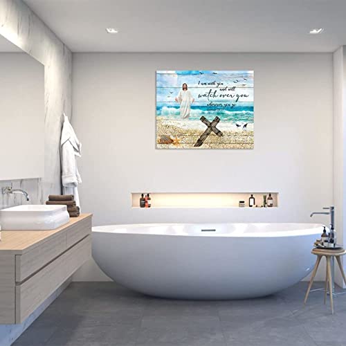 Citari Christian Inspirational Canvas Wall Art Jesus And Cross On Beach Poster Motivational Scripture Bible Verse Artwork Teal And Blue Picture For Living Room Bedroom Bathroom Unframed 16''X12'' #TOP4