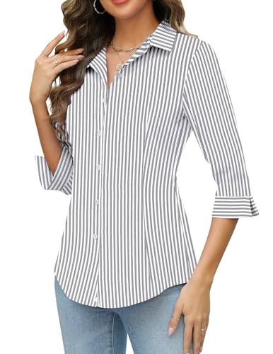 HOTOUCH Womens Button Down Shirt 3/4 Sleeve Work Dress Shirt Ladies Slim Fitting V Neck Gray White Stripe L
