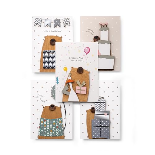 PESKOVOI Handmade Greeting Card with Premium 3D Wooden Design – Set of 5 Gift Cards with Kraft Envelopes – Thoughtful Happy Birthday Cards for Loved Ones, Friends, or Family