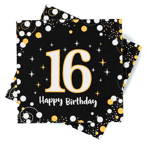Deko 16. Geburtstag Junge Servietten 30 Stuick, Serviette 16. Geburtstag Schwarz Gold mit Konfetti, 3-Lagig Servietten Happy Birthday Geburtstagsdeko Tischdekoration