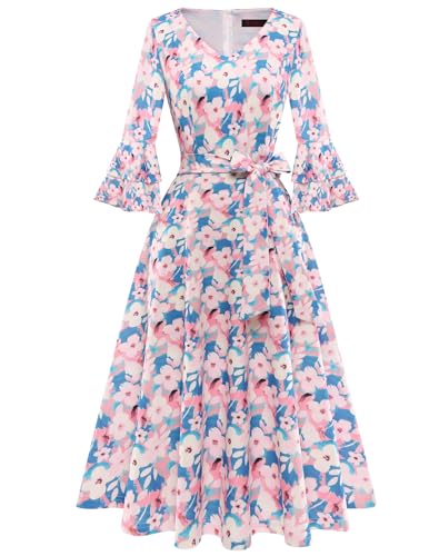 Image of DRESSTELLS Women's Cocktail Dress Summer Wedding Guest Party Vintage 3 /4 Bell Sleeve V Neck A-Line Dress
