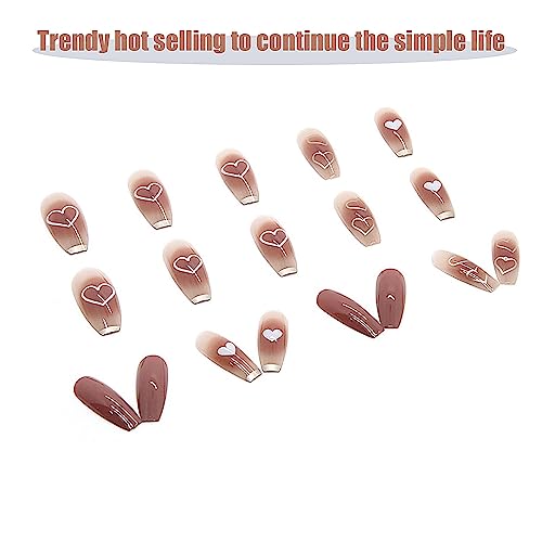24Pcs Press On Nails Long Ballet Brown False Nails With Heart Designs Fake Nails，Glossy French Full Cover Acrylic Nails Stick On Nails For Women #TOP3