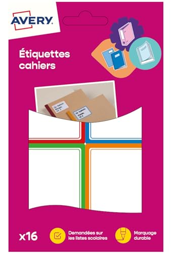 AVERY - Sachet de 16 étiquettes autocollantes ultra-résistantes blanches à bordure colorée. Format 44 x 64 mm