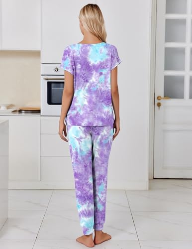 Image of Ekouaer Pajamas for Women Set Short Sleeve Lounge Set Jogger Pants Pjs Soft Sleepwear with Pockets S-XXL