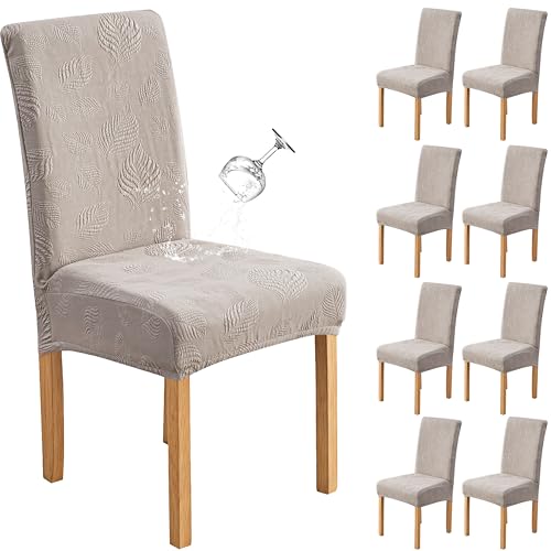 Image of Genina Waterproof Dining Chair Cover Set of 8,Kitchen Chair Cover,Warm Grey | Stretch Dining Room Chair Slipcovers with Leaf Jacquard,Removable Kitchen Chair Protector for Home,Restaurant,Banquet