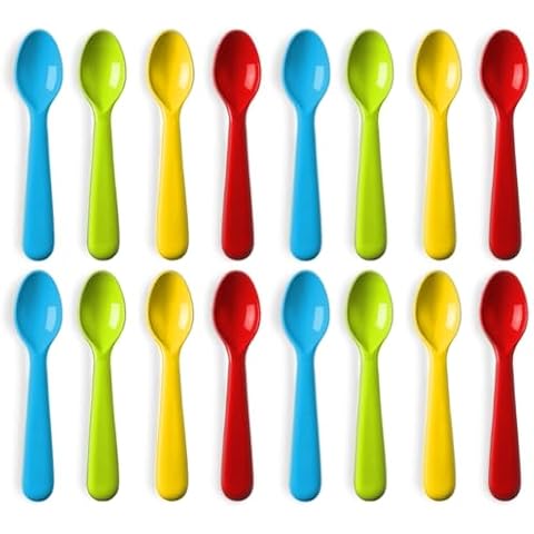 Plaskidy Plastic Toddler Spoons - Set of 16 Kids Spoons BPA Free/Dishwasher Safe Toddler Utensils Set Brightly Colored Kid Spoons Flatware Set Great for Kids and Toddlers Spoon Cover