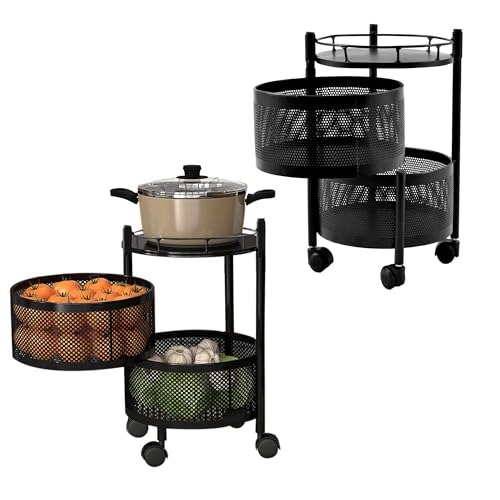 Kuber Industries Pack of 2 Storage Rack | 2-Layer Rotating Vegetable Kitchen Rack | Round Multipurpose Storage Trolley with Wheels | Metal Fruit Storage Rack | Kitchen Cabinet Spice Rack | Black