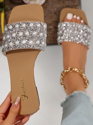 Verdusa Women's Glitter Pearls Rhinestone Sandals Square Open Toe Slip on Slippers3