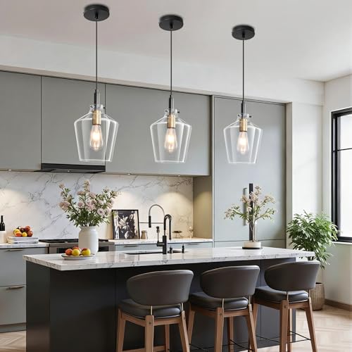 Image of Glass Pendant Lighting for Kitchen Island 3 Pack Black Gold Clear 8 Inch