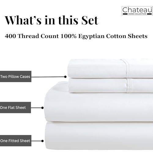 Image of Egyptian Cotton Sheets King Size Sheets Set, 400 Thread Count Sateen Weave Hotel Collection King Sheet Set, Fully Elasticated 15 inch Deep Fitted Sheet & Pillowcase Sets, Soft & Breathable White Bedding