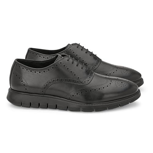 Image of Legwork Informal Brogue 2.0 - Italian Leather Hybrid Dress Shoes with XL Extralight Outsole | Ultra-Lightweight & Comfortable Oxford Wingtip | All-Black Elegance